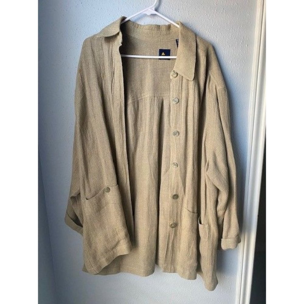 Lizsport Tan Long Length Oversized Button Down Linen Blend Long Sleeve - Size M